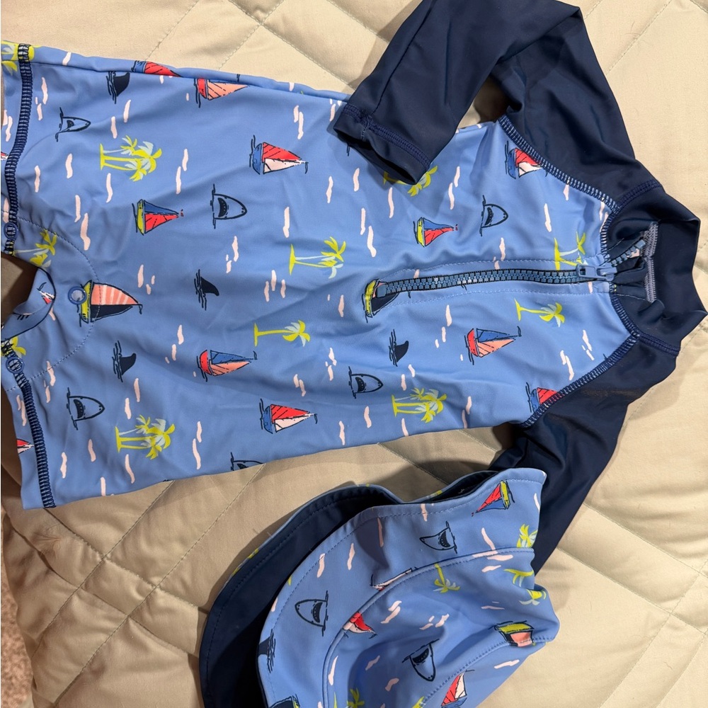 Andy & Evan Light Blue and Navy Sailboat Boys Rash Guard Set with Hat